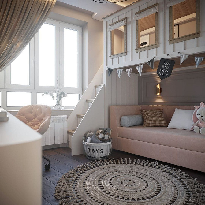 Стильне двоярусне ліжко з диваном в сучасному інтер'єрі дитячої кімнати з яскравими акцентами.