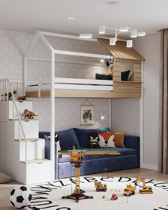 Двоярусне ліжко з диваном у світлих тонах для двох дітей.