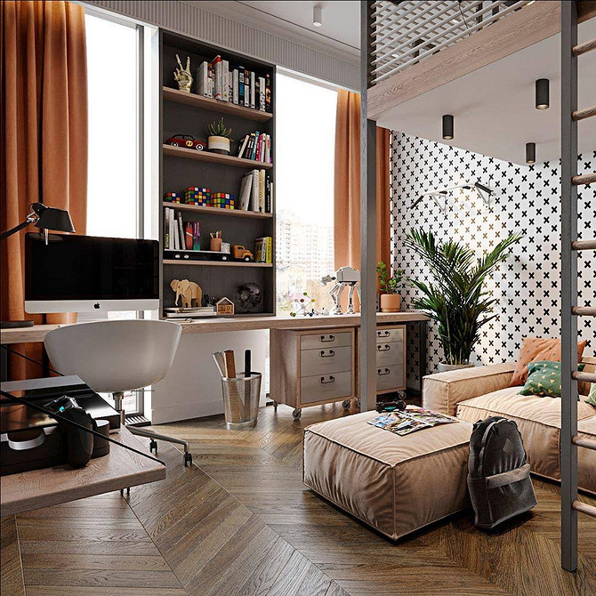 Затишна дитяча кімната з двоярусним ліжком і диваном-ліжком, ідеально для двох дітей