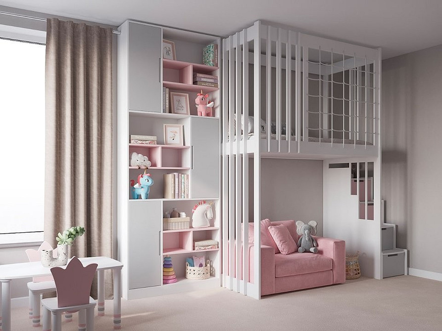 Двоярусне ліжко з диваном в сучасному стилі з мінімалістичним дизайном.