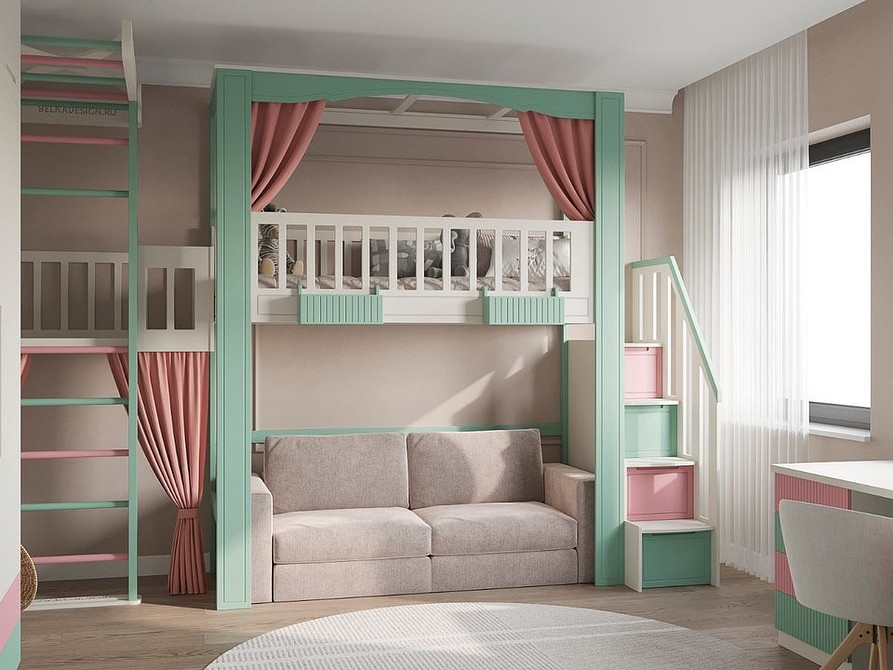 Двоярусне ліжко з диваном в дитячій кімнаті: чудовий приклад оптимізації простору.