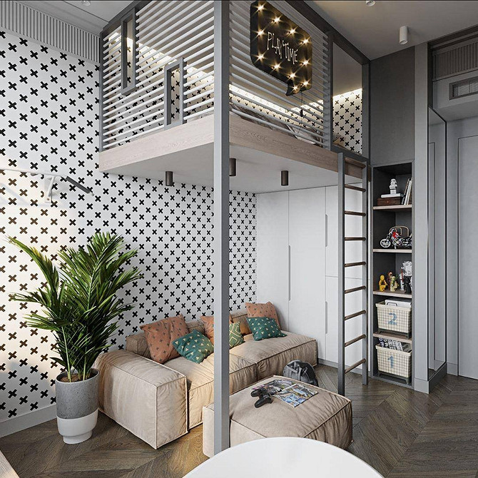 Двоярусне ліжко з диваном внизу: сучасний дизайн дитячої кімнати, дерев'яні сходи