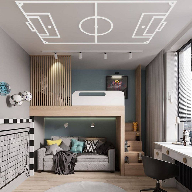 Дизайн дитячої кімнати з двоярусним ліжком та диваном: ідеально для двох дітей.