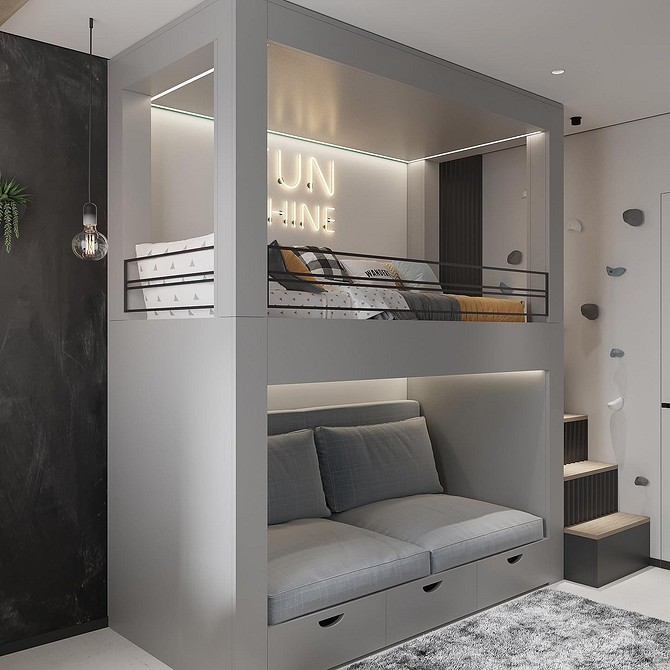 Комфортне двоярусне ліжко з диваном і м'якими подушками для затишного відпочинку.