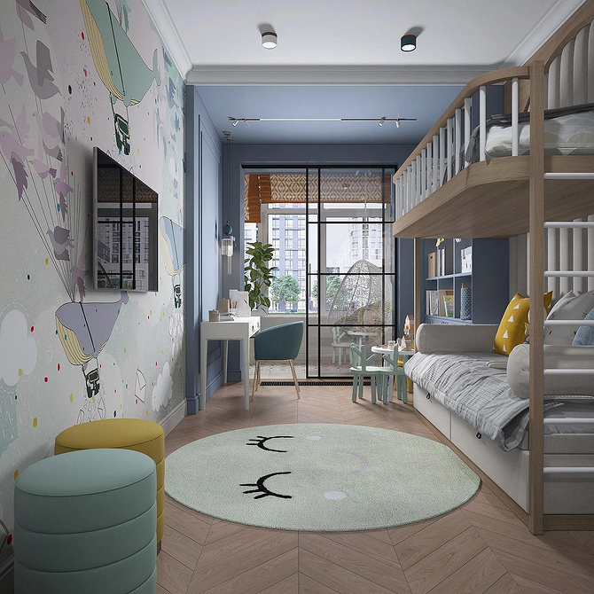 Двоярусне ліжко з диваном і сходами з ящиками для зберігання речей.