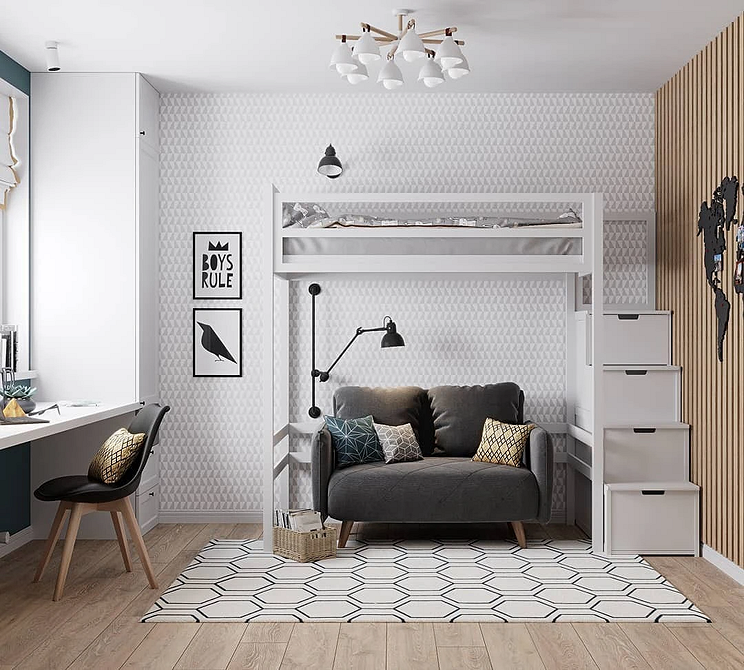 Двоярусне ліжко з диваном в кімнаті підлітка, сучасний дизайн з сірими акцентами.
