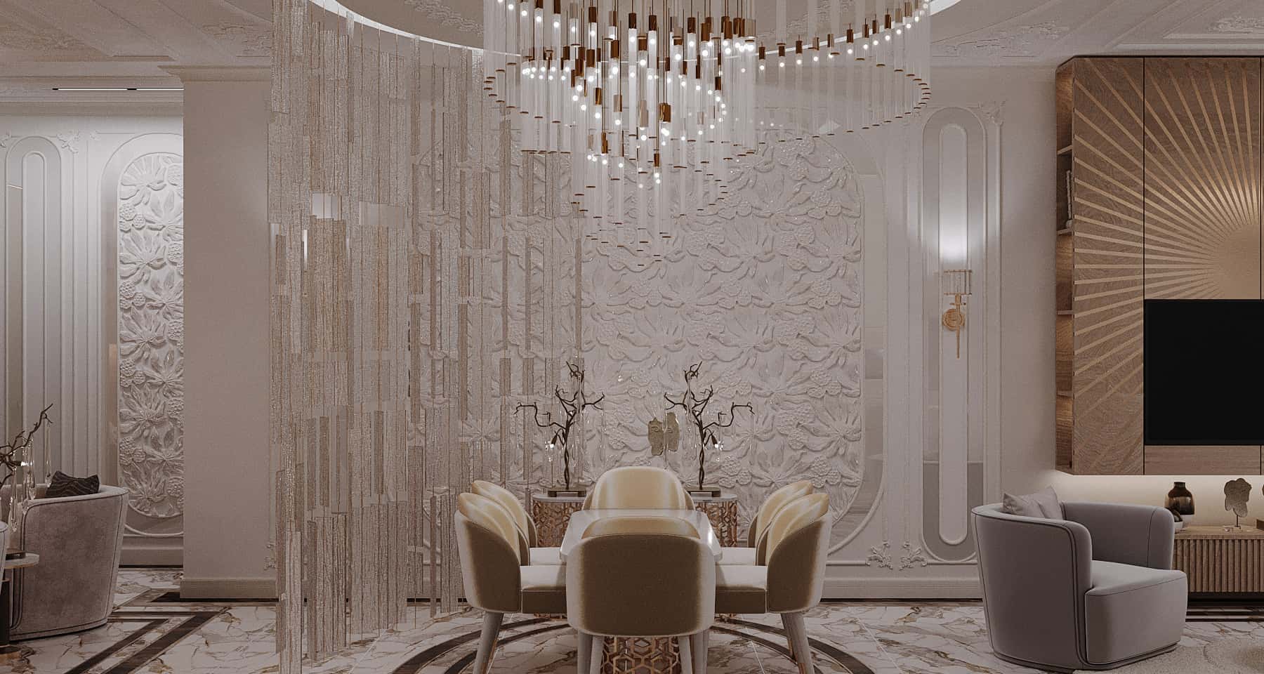 Дизайн інтер'єру квартири: кухня з островом та барними стільцями для сніданку.