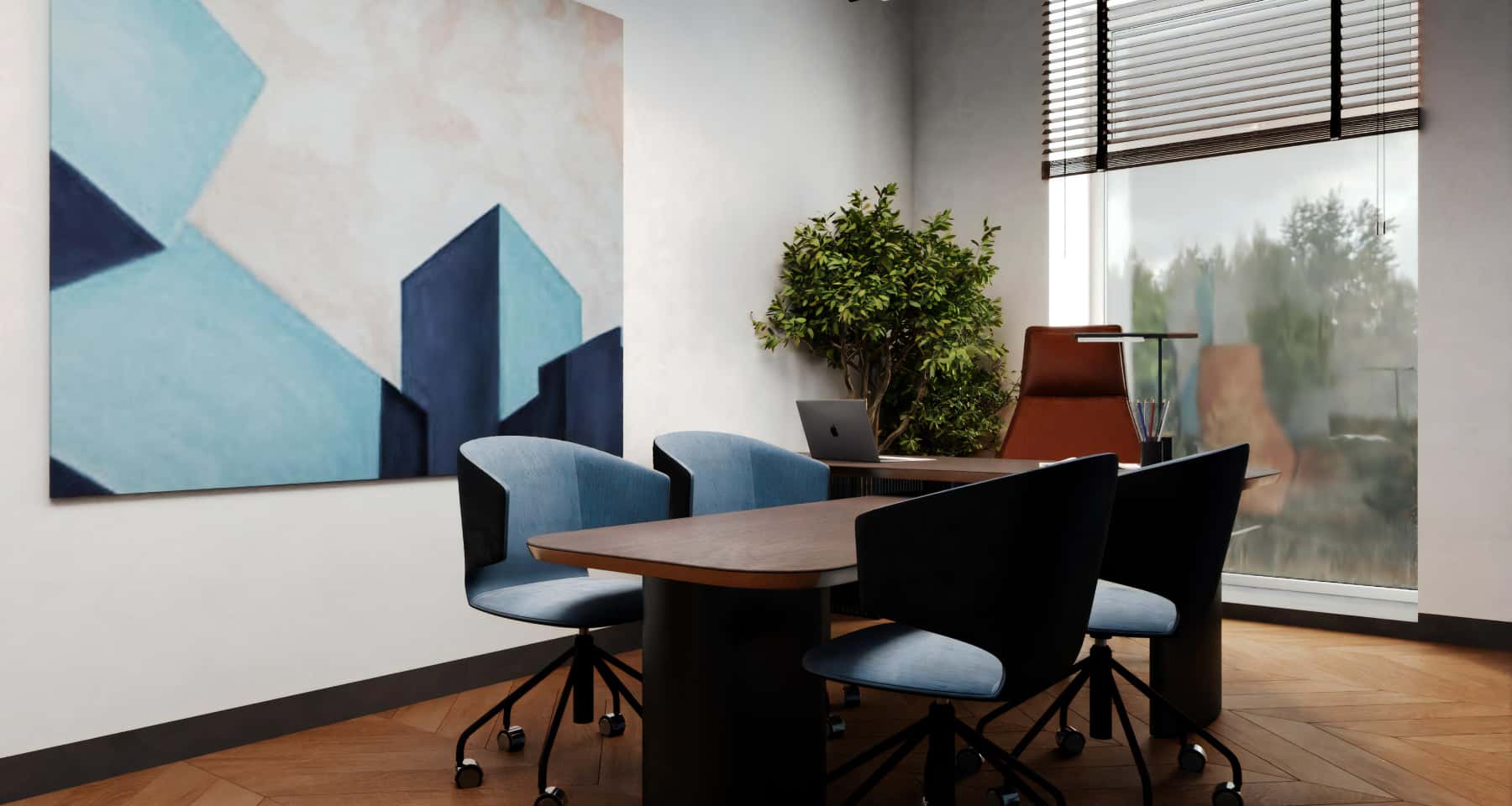 Сучасний кабінет керівника з панорамними вікнами та мінімалістичним дизайном