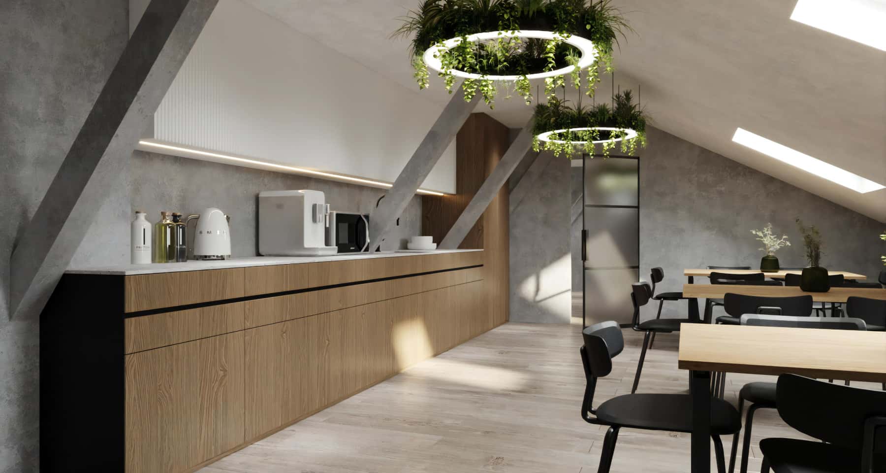 Розкішний ремонт офісу з панорамними вікнами та зручними робочими місцями для команди.