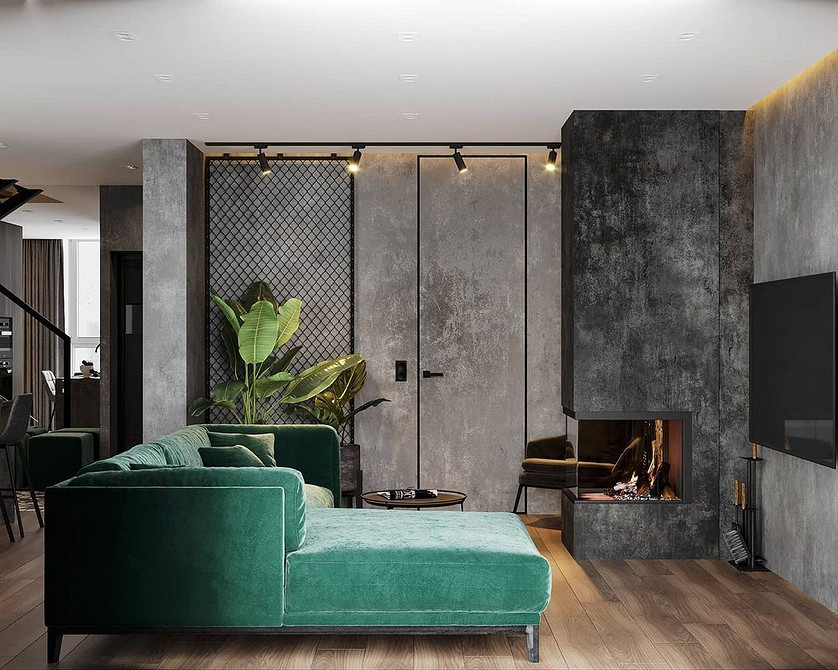 Дизайн вітальні з бірюзовим диваном та жовтими акцентами в декорі