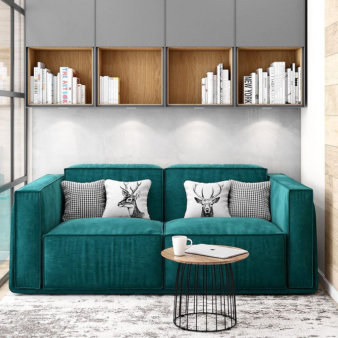 Стильний дизайн вітальні з бірюзовим кутовим диваном та дерев'яним журнальним столиком.