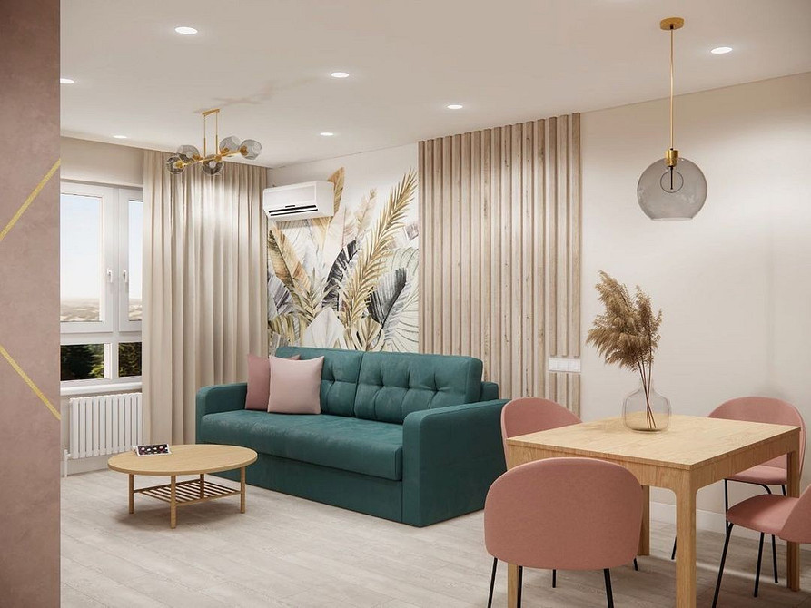 Інтер'єр з бірюзовим кутовим диваном та журнальним столиком в мінімалістичному стилі