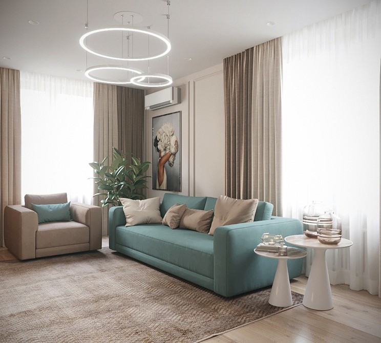 Елегантний бірюзовий диван в інтер'єрі з нейтральними стінами та килимом, поєднання кольорів