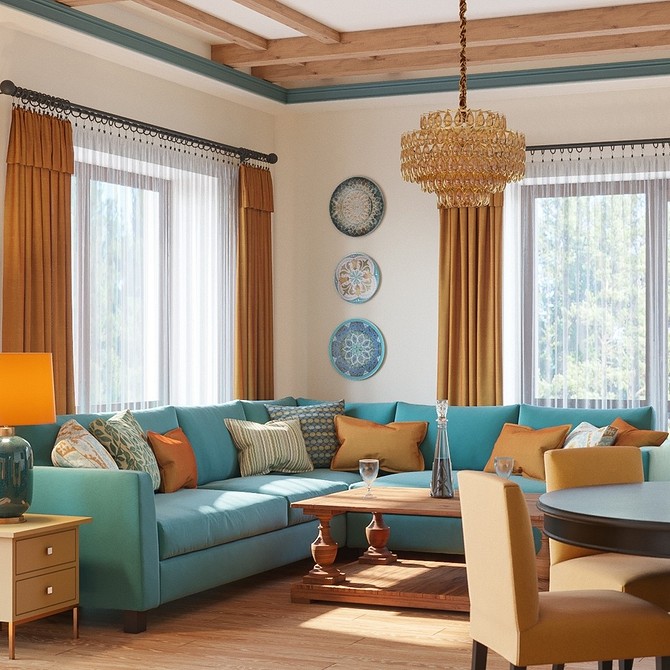 Бірюзовий диван в інтер'єрі вітальні з білими стінами та дерев'яною підлогою, дизайн інтер'єру