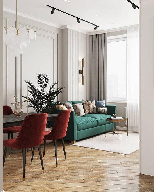 Сучасний інтер'єр з бірюзовим диваном, журнальним столиком та стильною люстрою