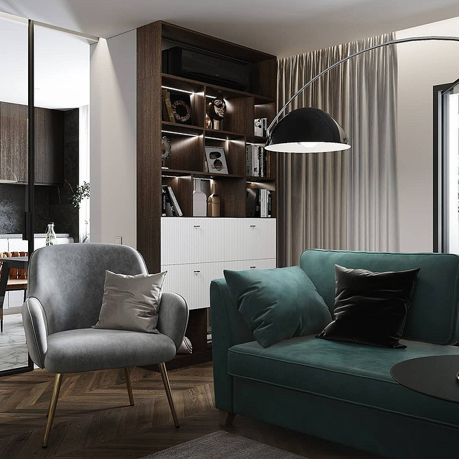 Мінімалістичний інтер'єр з бірюзовим диваном та білими стінами для затишку