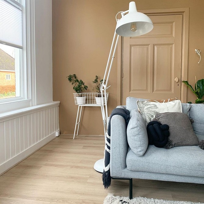 Дизайн вітальні з акцентним диваном, що контрастує з кольором стін.