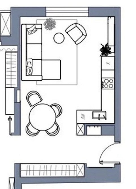 Планування кухні-вітальні з барною стійкою та зручним диваном, ідеальне зонування простору.