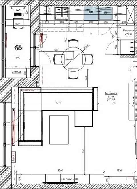 Дизайн кухні-вітальні з акцентом на зонуванні та розстановці меблів.