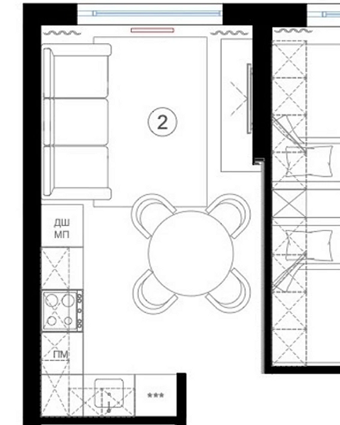 Простора кухня-вітальня з великим обіднім столом, що об'єднує зони для приготування та відпочинку.