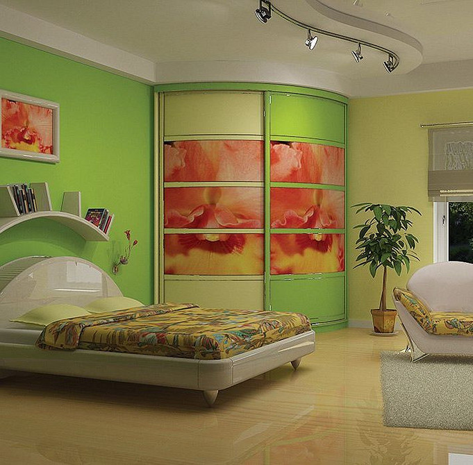 Елегантний дизайн спальні з кутовою шафою та приліжковими тумбочками в єдиному стилі