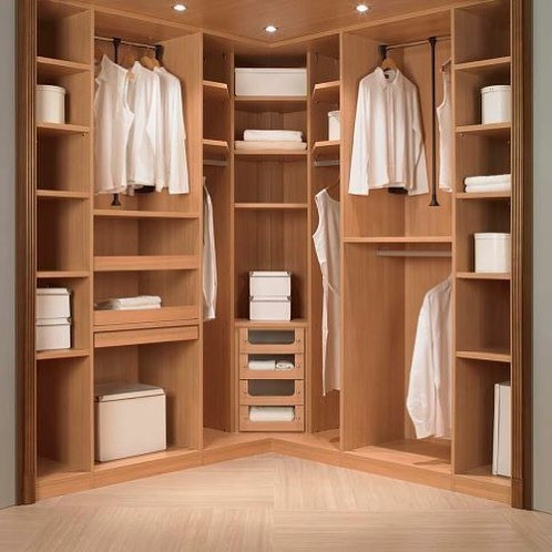 Інтер'єр спальні з кутовою шафою світлих тонів, що візуально збільшує простір кімнати.