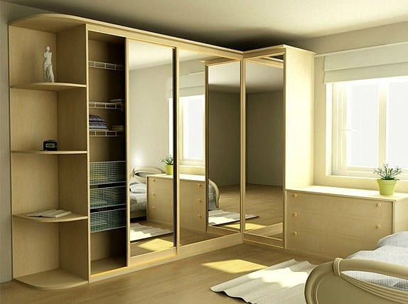 Простора спальня з кутовою шафою-купе світлого кольору для зберігання одягу