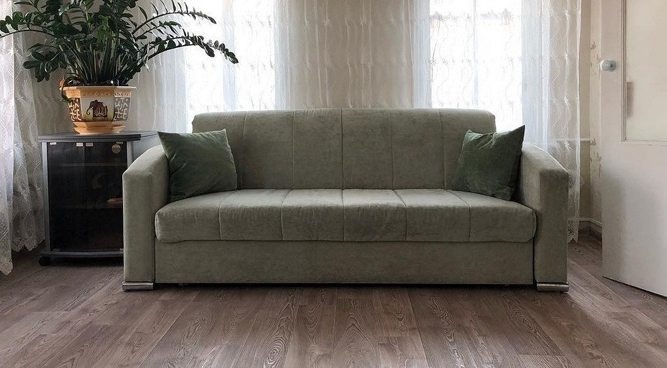 Диван акордеон з дерев'яними підлокітниками, елегантний дизайн для вітальні.