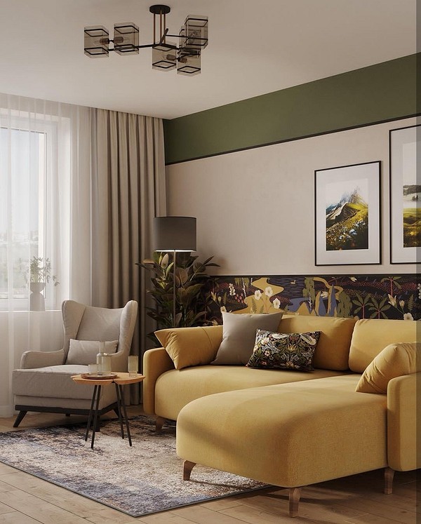 Диван на дерев'яних ніжках з яскравою оббивкою в сучасному дизайні інтер'єру.