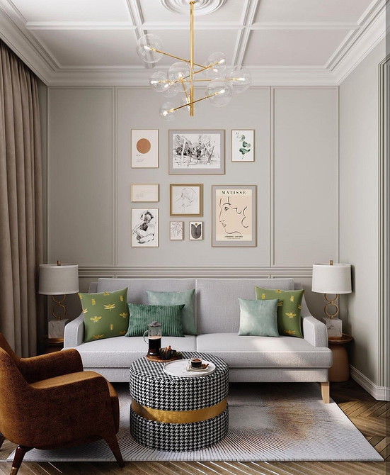 Маленький диван на ніжках з яскравою оббивкою в сучасному інтер'єрі.