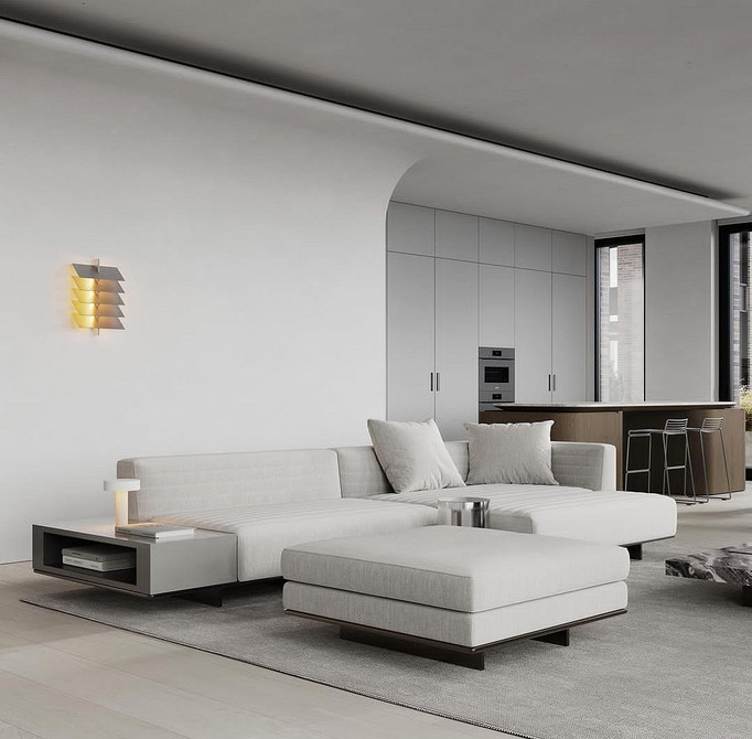 Диван на високих ніжках з подушками в сучасному інтер'єрі, стильний дизайн