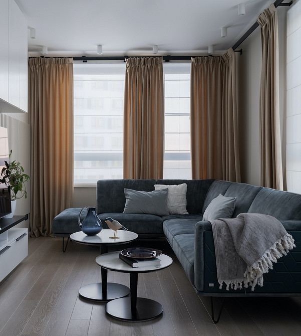 Диван з велюровою оббивкою на ніжках у вітальні, сучасний дизайн м'яких меблів