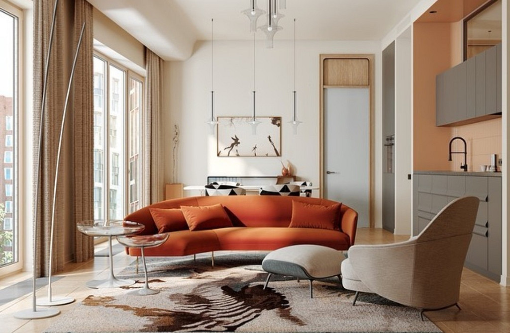 Світлий диван на ніжках в скандинавському стилі з дерев'яними елементами та текстилем.