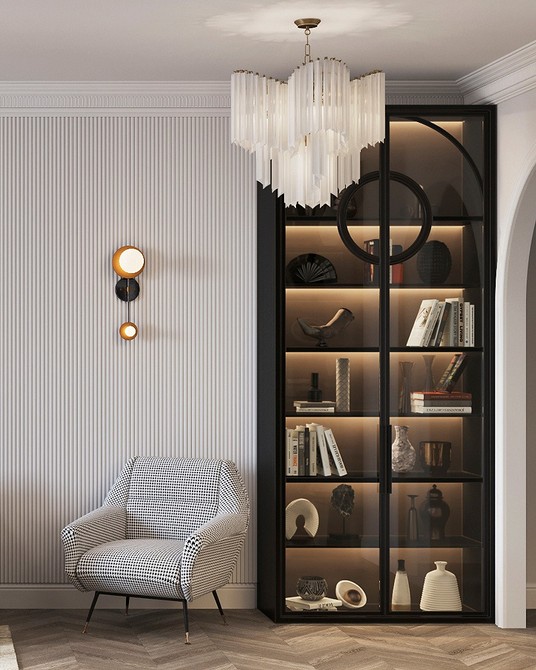 Елегантний сервант у світлій вітальні з мінімалістичним дизайном і акцентом на деталях.