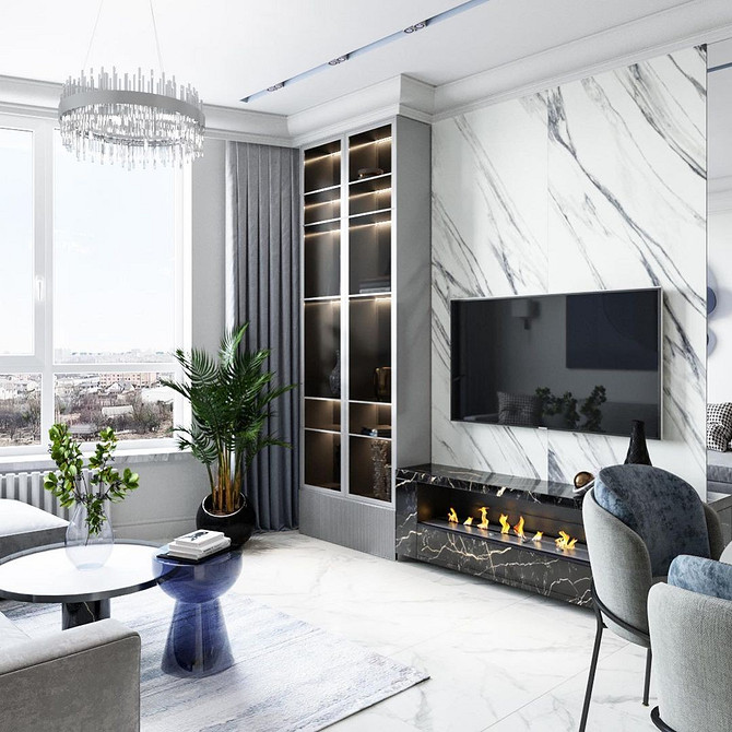 Сервант для посуду з дерев'яними фасадами в інтер'єрі сучасної вітальні