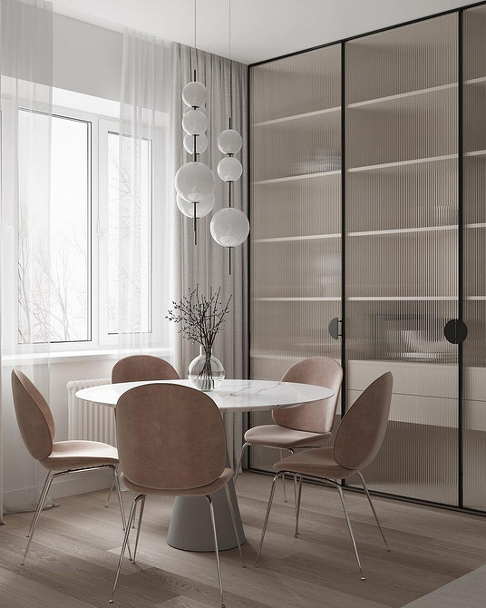 Кутовий сервант для посуду в інтер'єрі сучасної вітальні, економія простору