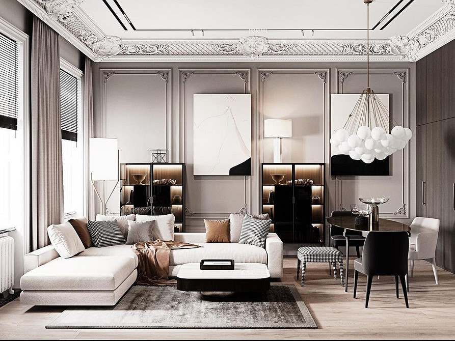 Елегантний білий сервант з підсвіткою для посуду в сучасній вітальні