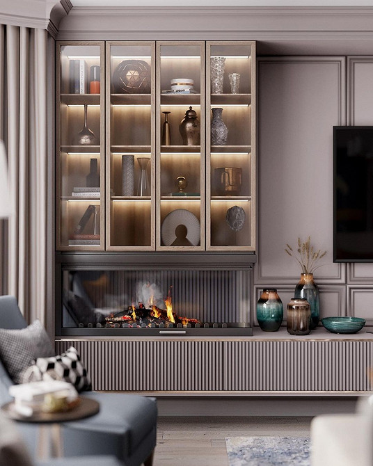 Дизайнерський сервант у вітальні з оригінальними формами та незвичайним розташуванням.