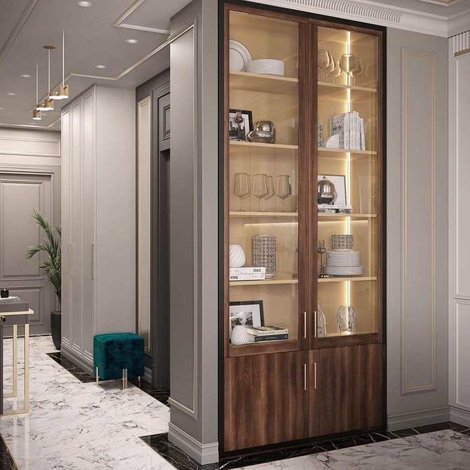 Елегантний сервант для посуду в сучасній вітальні з акцентом на мінімалізм