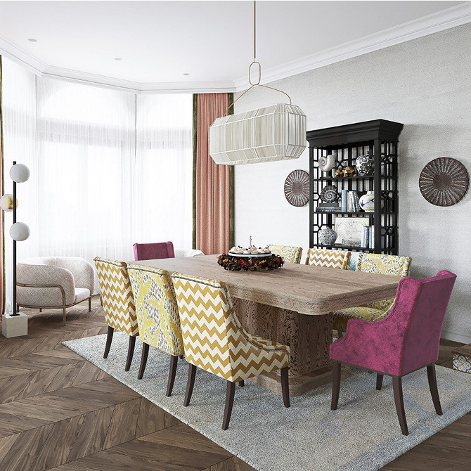 Сервант для посуду у вітальні з використанням металевих деталей та сучасних матеріалів.