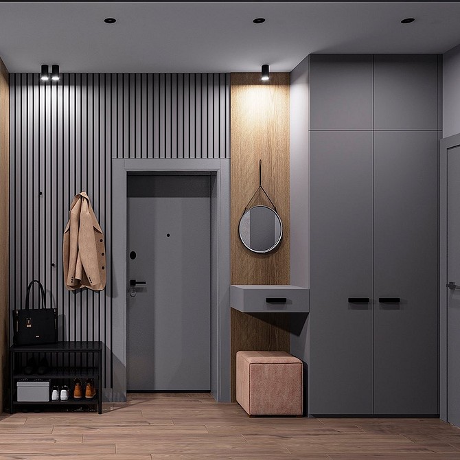 Розпашна шафа в передпокій з полицями для взуття та аксесуарів.