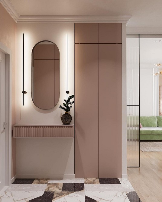 Дизайнерська шафа в передпокій з оригінальними ручками та текстурованою обробкою