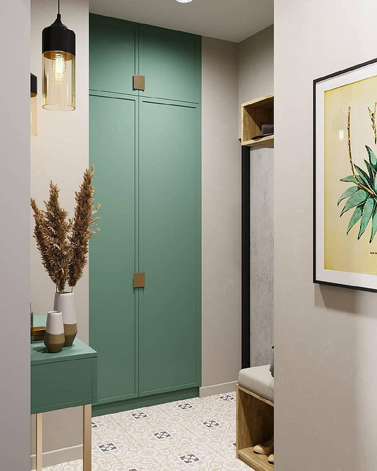 Шафа в передпокій з відкритими полицями для книг та декоративних елементів