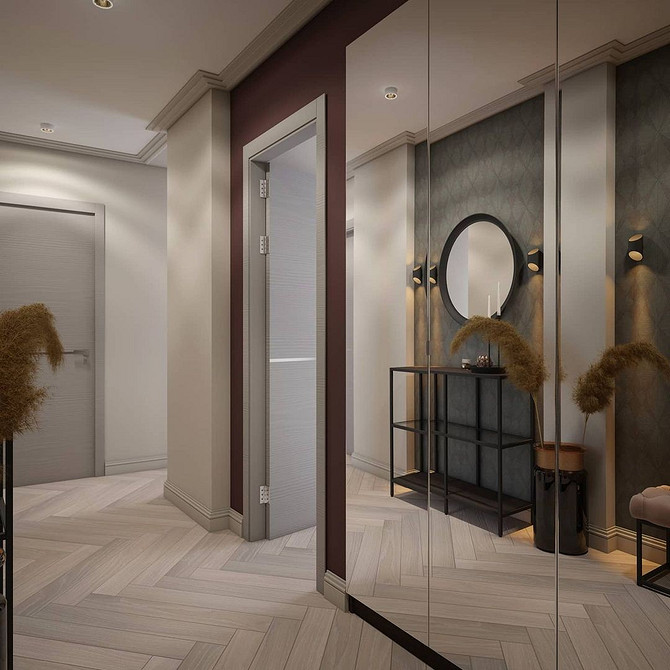 Сучасний дизайн шафи в передпокій з розпашними дверцятами та дзеркалом.