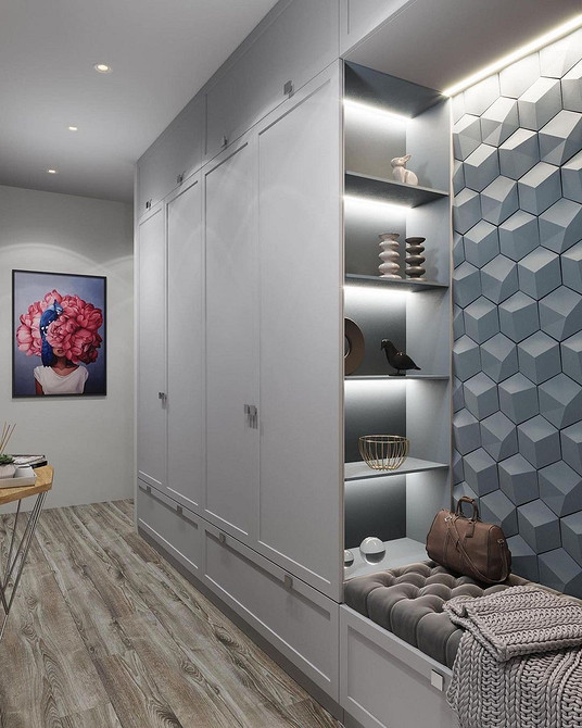 Мінімалістична сучасна шафа для передпокою в світлих тонах з гладкими фасадами