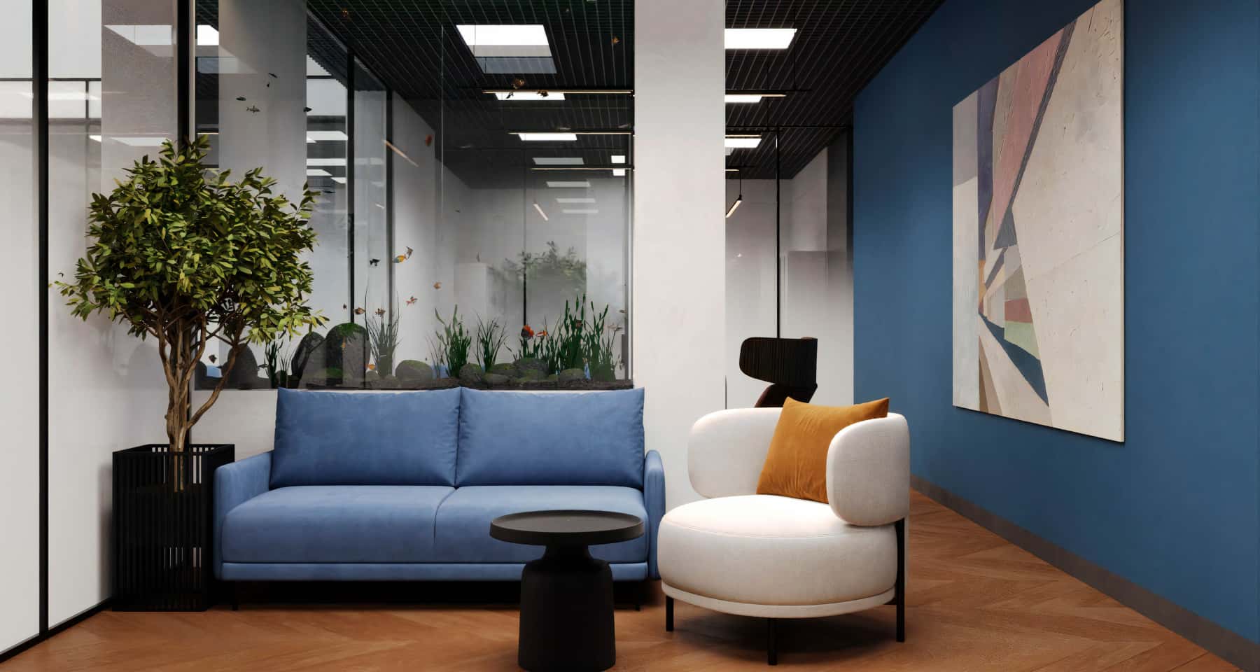 Офісний інтер'єр: приклад зонування простору для різних відділів компанії