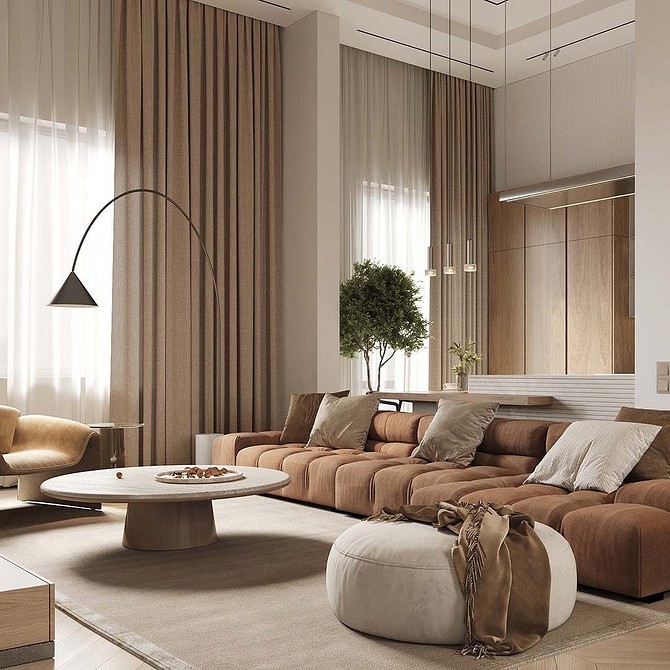 Коричневий диван в мінімалістичному інтер'єрі з лаконічним дизайном та освітленням