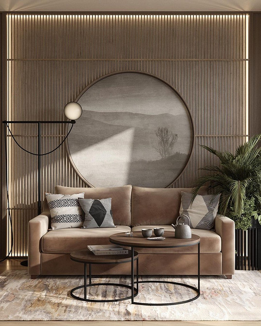 Коричневий диван з підлокітниками з дерева в скандинавському стилі