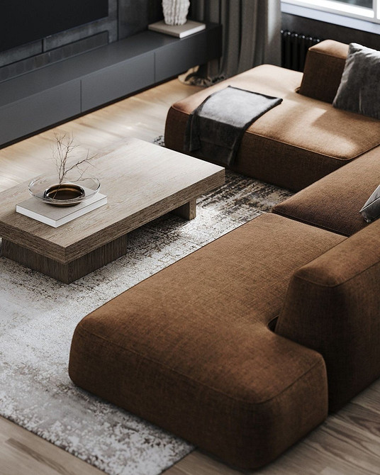 Сучасний інтер'єр з коричневим диваном, журнальним столиком та килимом: ідеальна гармонія