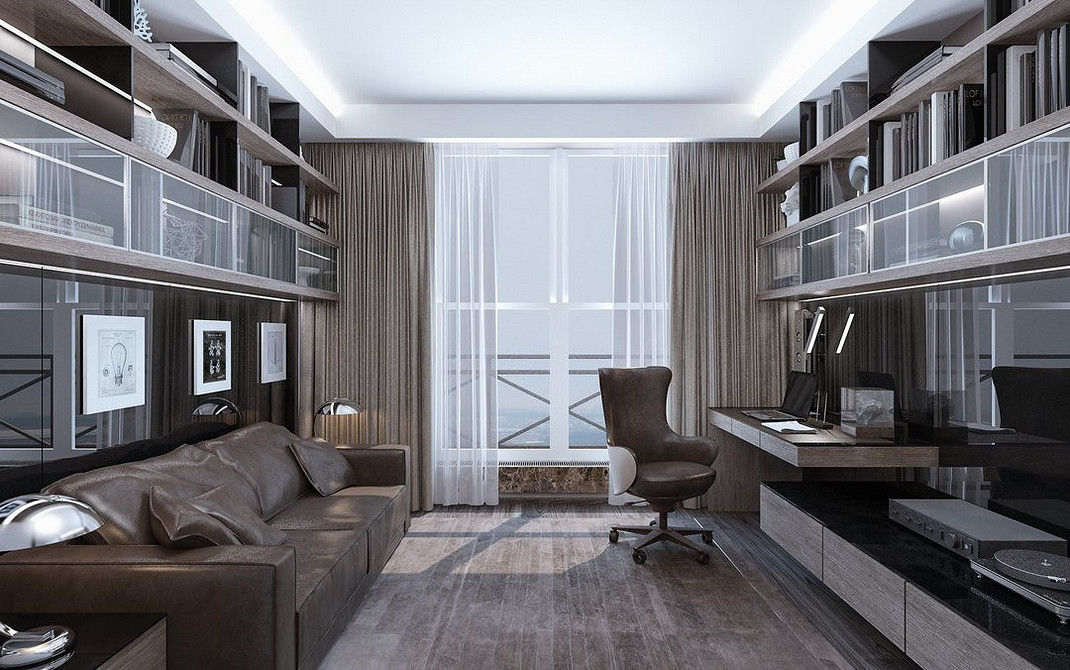 Компактний коричневий диван ліжко в невеликій кімнаті, економія простору, дитячий диван